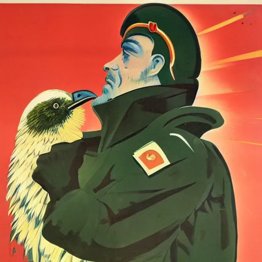 Image similar to soviet propaganda poster depicting a dromaius novaehollandiae in military uniform