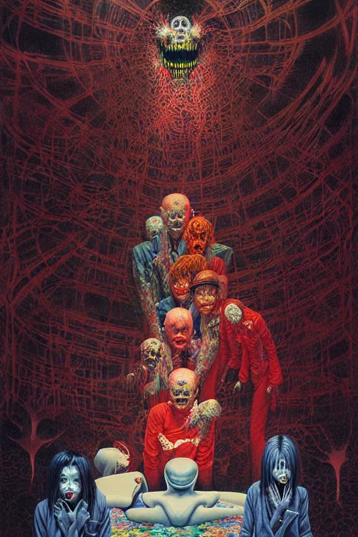 Image similar to a hyperrealistic painting of a haunted hotel lobby with scary maids and evil front desk clerk, cinematic horror by chris cunningham, lisa frank, richard corben, highly detailed, vivid color, beksinski painting, part by adrian ghenie and gerhard richter. art by takato yamamoto. masterpiece