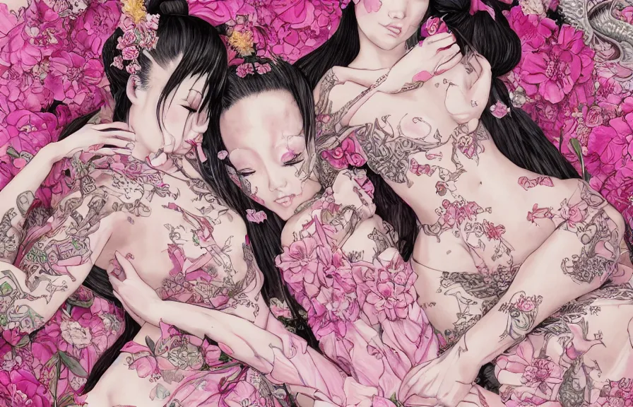 Prompt: full body portrait of Geishas lying in pink silk sheets, whole skin covered with dragon and flowers tattoos, D&D, fantasy, highly detailed, digital art, trending on artstation, smooth, sharp focus, illustration, art by artgem