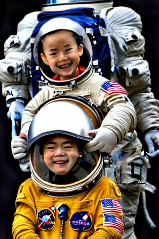 Prompt: a child in a horse mask sits on the shoulders of an astronaut