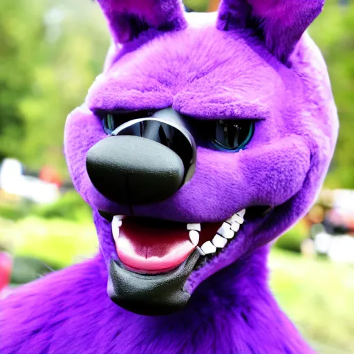 Prompt: A bust photograph taken at a furry convention of a purple dog fursuit with alien antennas