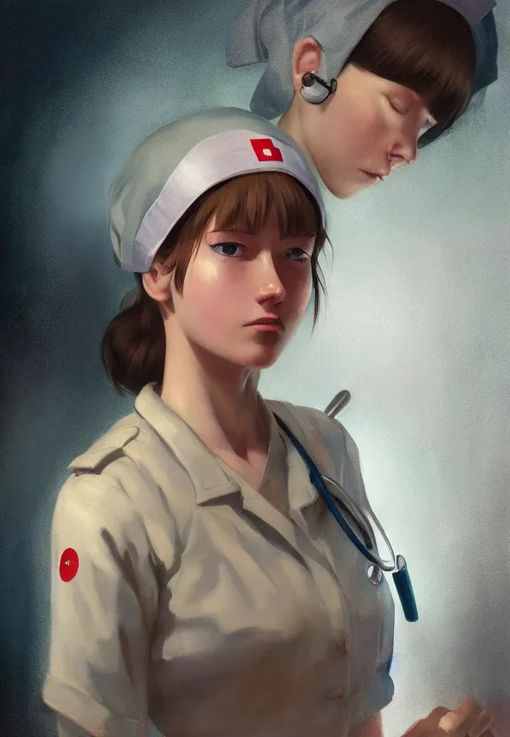 Image similar to a portrait of a tired female nurse in world war 2, 1 9 4 0 setting, vivid colors, soft lighting, atmospheric, cinematic, moody, in the style of ilya kuvshinov, range murata, krenz cushart and alyssa monk, hyperrealism, rule of thirds, oil on canvas, 8 k