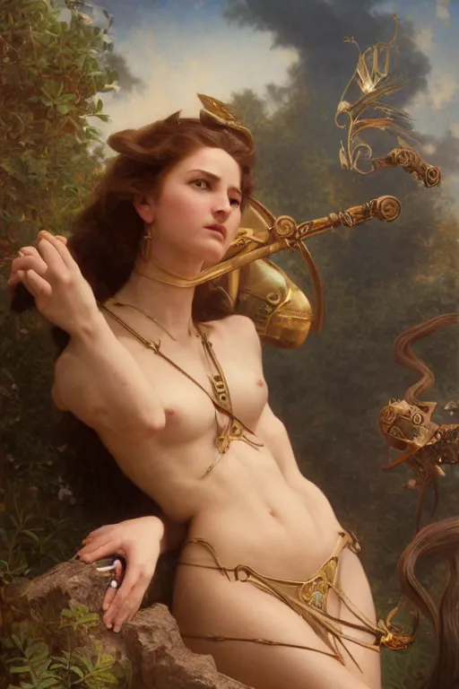 Prompt: Mystical Valkyrie, Portrait of a beautiful female Atlantean warrior, Regal, Realistic, Refined, Detailed Digital Art, Oil Painting, William-Adolphe Bouguereau, Art Frahm, Esao Andrews, Steampunk, Walt Disney (1937), Highly Detailed, Cinematic Lighting, Unreal Engine, 8k, HD