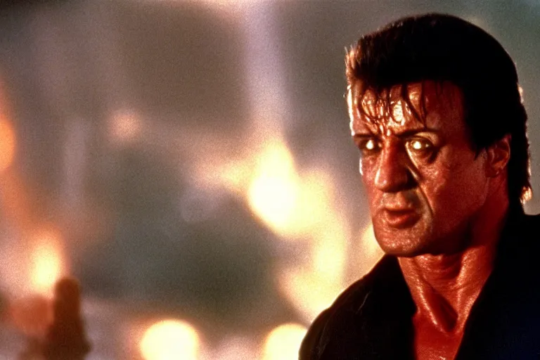 Prompt: sylvester stallone as the terminator, terminator 2 judgement day, cinematic still, movie still, long lens, shallow depth of field, bokeh, anamorphic lens flare, 8 k, hyper detailed, 3 5 mm film grain