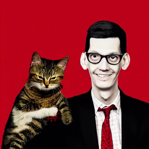 Image similar to an album of neil cicierega holding a cat, in a red color style, in a railroad background