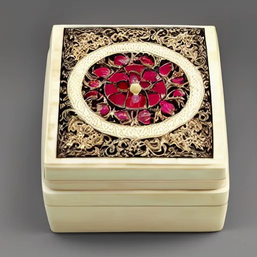 Prompt: carved ivory box with inlaid rubies, studio photography, black background