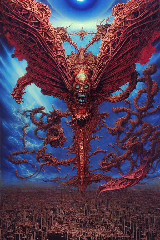 Prompt: photo realistic detailed image of technological nightmare abomination monster god. aerial perspective, by lisa frank, ayami kojima, amano, karol bak, greg hildebrandt, and mark brooks, neo - gothic, gothic, rich deep colors. beksinski painting, part by adrian ghenie and gerhard richter. art by takato yamamoto. masterpiece