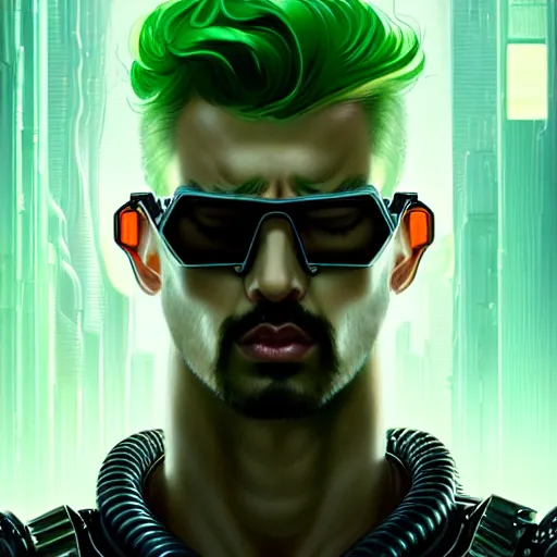 Image similar to man with extremely large and intricate haircut with angry green eyes and slim features looking askance, eye cyberpunk bionics, retro futurist style, intricate, elegant gleaming intricate baroque jewelry, angelic halo, highly detailed, digital painting, artstation, concept art, smooth, sharp focus, illustration, art by wlop, mars ravelo and greg rutkowski,