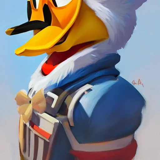 Image similar to greg manchess portrait painting of donald duck as overwatch character, medium shot, asymmetrical, profile picture, organic painting, sunny day, matte painting, bold shapes, hard edges, street art, trending on artstation, by huang guangjian and gil elvgren and sachin teng