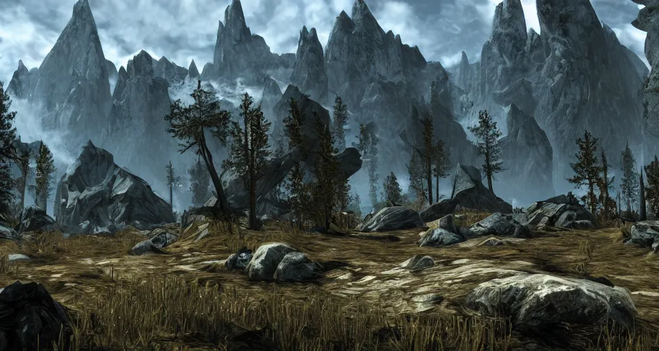 Image similar to skyrim landscape in the style of grand theft auto v cover art digital artwork