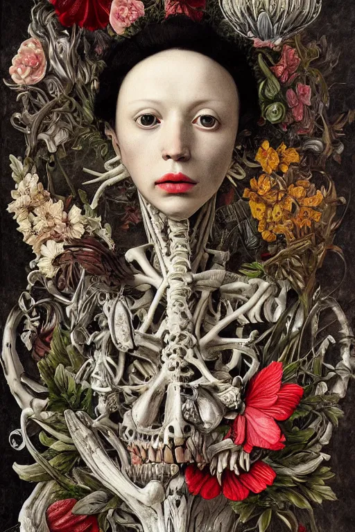 Image similar to Detailed maximalist portrait with large lips and with large white eyes, exasperated expression, botany bones, HD mixed media, 3D collage, highly detailed and intricate, surreal illustration in the style of Caravaggio, dark art, baroque