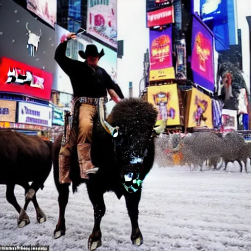 Image similar to wild west cowboy riding a buffalo in times square while it ’ s snowing