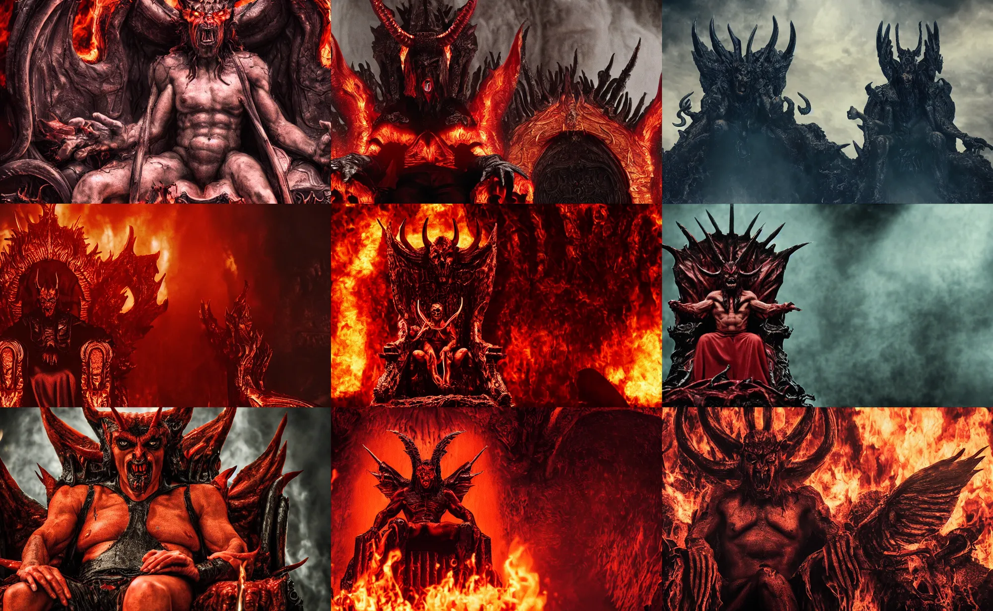 Prompt: cinematic close up of satan on his throne in hell by greg rutowski,, dark fantasy, 4 k, masterpiece