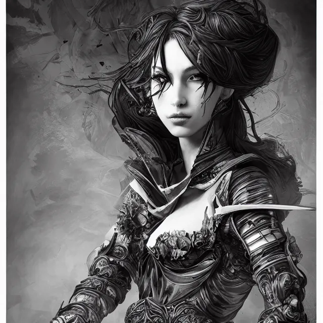 Image similar to the portrait of neutral evil fallen female dark knight vagabond as absurdly beautiful, gorgeous, elegant, sophisticated, woman, an ultrafine hyperdetailed illustration by kim jung gi, irakli nadar, intricate linework, bright colors, octopath traveler, final fantasy, unreal engine 5 highly rendered, global illumination, radiant light, detailed and intricate environment
