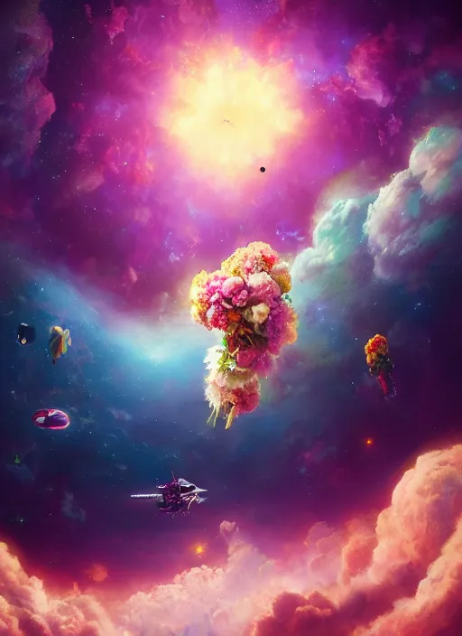 Image similar to An epic fantastic realism comic book style painting of the most beautiful flowers launched into space, bouquets, glorious galactic collision, fisheye lens, unreal 5, DAZ, hyperrealistic, octane render, dynamic lighting