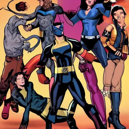 Image similar to X-men fighting the cast of Friends, highly detailed