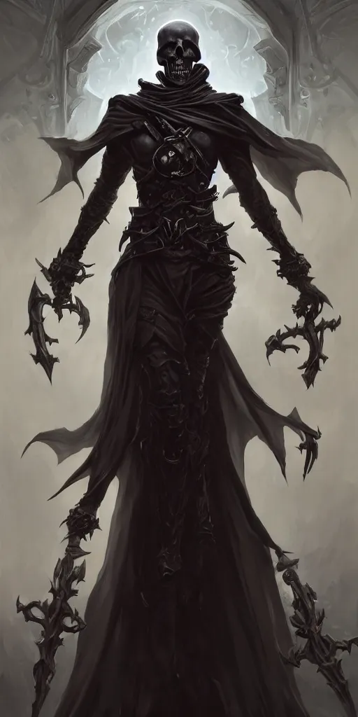 Image similar to necromancer with a skull face, full body shot, hood, d & d, dark, fantasy, dynamic pose, ethereal background, intricate, elegant, highly detailed, digital painting, artstation, concept art, matte, sharp focus, illustration, hearthstone, art by artgerm and greg rutkowski and alphonse mucha