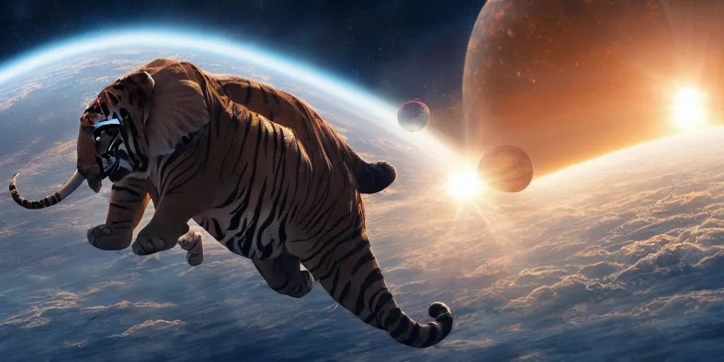 Image similar to planet - sized tiger elephant in space, next to the sun and stars, very wide shot, epic composition, hyper detailed, digital art, trending in artstation, cinematic lighting, studio quality, unreal engine 5 rendered, art style by klimt and nixeu and ian sprigger and wlop and krenz cushart