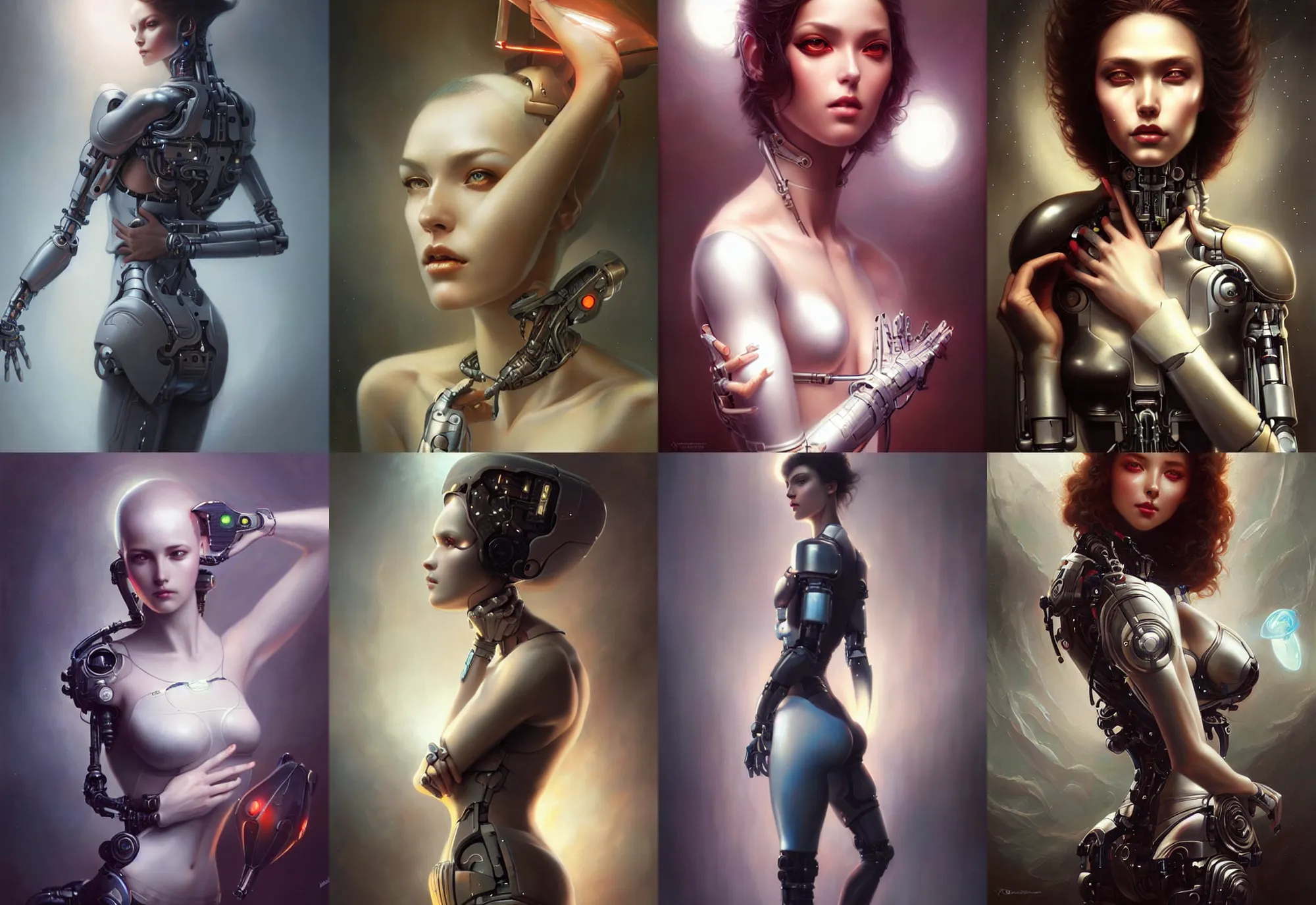 Prompt: a beautiful woman with cybernetic joints, painted by artgerm and tom bagshaw, fantasy art, dramatic lighting, highly detailed oil painting