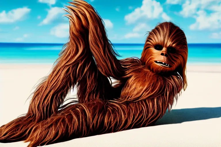 Prompt: Chewbacca wearing a bikini lounging on a beach, fashion photography, studio lighting, super resolution, Star Wars, Wookie, hyper realistic, trending on artstation, artstationHD, artstationHQ, 4k, 8k