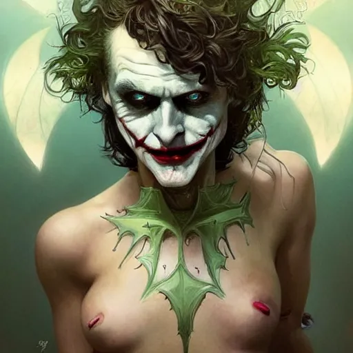 Image similar to portrait of the joker as a delicate fragile celestial queen, batman, forest, godlike, upper body, fantasy, intricate, elegant, highly detailed, digital painting, artstation, concept art, sharp focus, illustration, art by artgerm and greg rutkowski and alphonse mucha