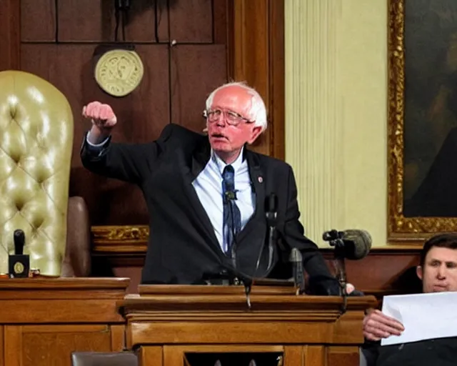 Prompt: bernie sanders bench-pressing 200 lbs during filibuster speech in senate chambers