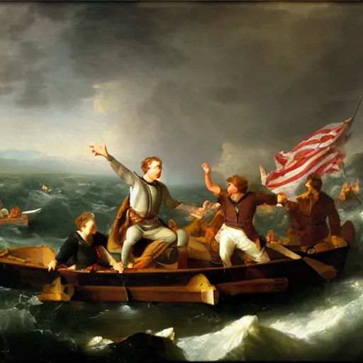 Prompt: Mark Zuckerberg Crossing the Delaware, oil-on-canvas painting by Emanuel Leutze