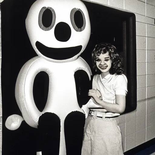Prompt: teenage girl holds hands with smiley inflatable boyfriend at high school, 1978 color Fellini film, in school hallway, dirty walls, archival footage, technicolor film, 16mm, live action, John Waters, campy