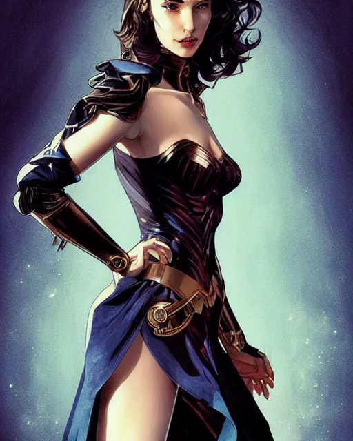 Image similar to in the style of joshua middleton, artgerm, beautiful gal gadot, steampunk, full body, blue dress, elegant pose, middle shot, spooky, symmetrical face, symmetrical eyes, detailed realisitc eyes, detailed realistic eyes, detailed and intricate