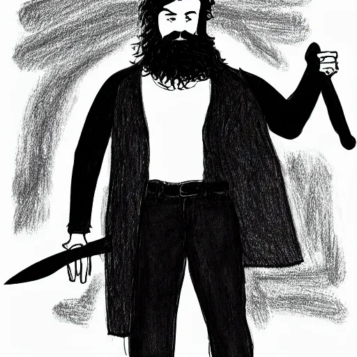 Image similar to a drawing of a man with black hair and beard wearing a black jacket, white shirt and jeans, holding a sword, cinematic