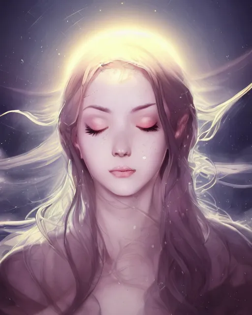 Image similar to a beautiful female cleric, ethereal, dreamy, backlit, highly detailed, sad expression, eyes closed, mouth half open, realistic lighting, sharp focus, windswept, rule of thirds, symmetrical facial features, by artgerm, wlop, rossdraws, frank frazetta, andrei riabovitchev, trending on artstation, hd, 4 k, fantasy