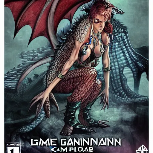 Prompt: Dragon Woman in chains, game poster printed on playstation 2 video game box , Artwork by Akihiko Yoshida, cinematic composition