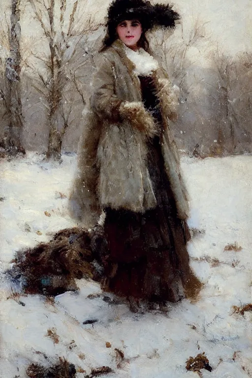 Image similar to Richard Schmid and Jeremy Lipking full length portrait painting of a young beautiful edwardian girl hold a victorian fur handwarmer standing in the snow