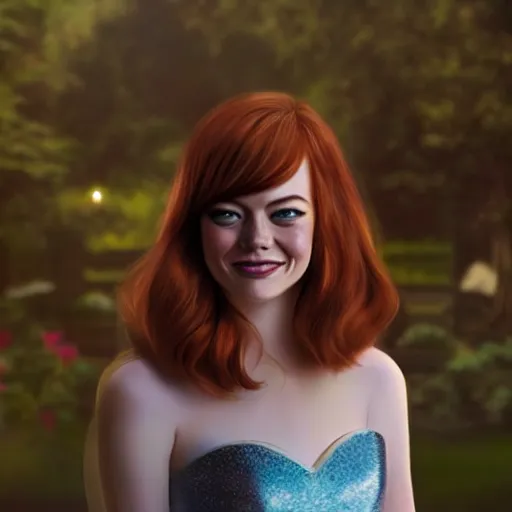 Image similar to emma stone as a disney princess, professional studio lightening, volumetric lightening, photorealism