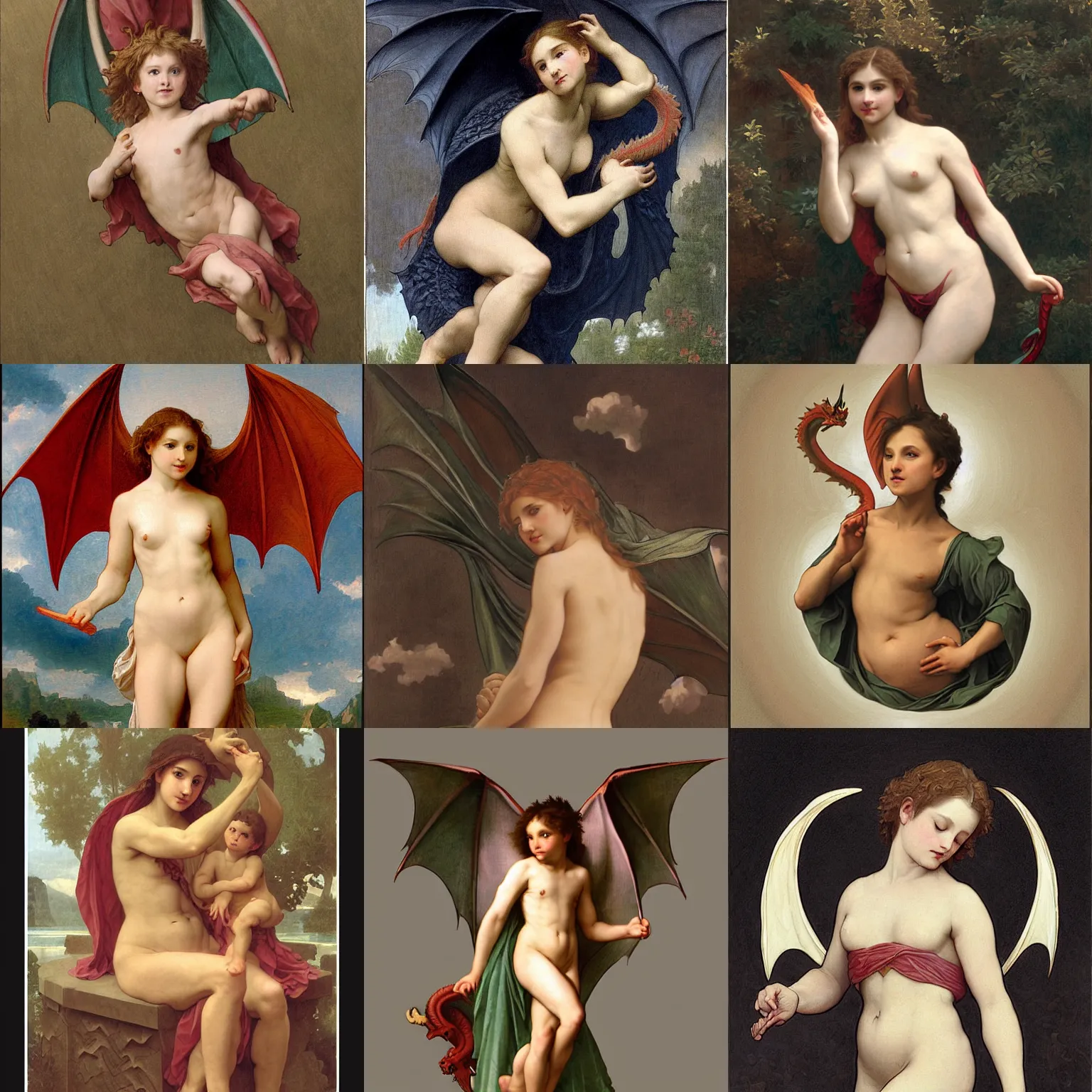 Prompt: dragon, in the style of Bouguereau