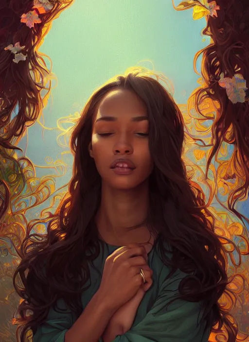 Image similar to handsome young black women with shoulder length brown hair, half body shot, path traced, highly detailed, high quality, digital painting, alena aenami, lilia alvarado, shinji aramaki, karol bak, alphonse mucha, tom bagshaw