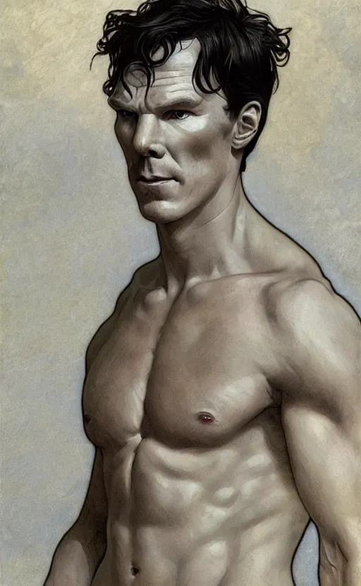 Prompt: benedict cumberbatch as gigachad, norse god, blue hair, masculine, mature, handsome, upper body, grey and silver, muscular, hairy torso, fantasy, intricate, muscular, elegant, highly detailed, digital painting, artstation, concept art, smooth, sharp focus, illustration, art by gaston bussiere and alphonse mucha