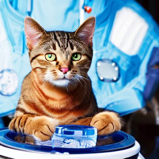 Prompt: cat in an astronaut suit drinking water from a glass