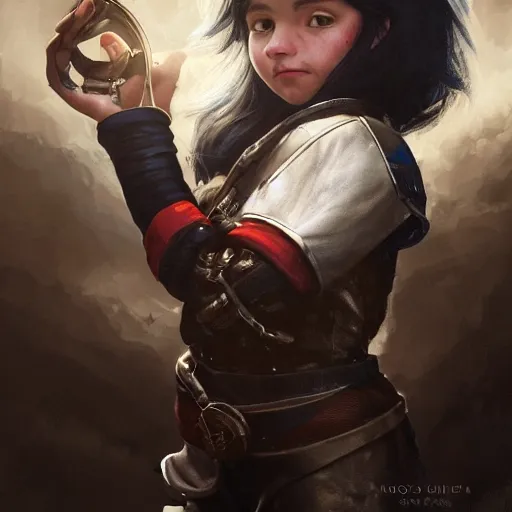 Image similar to a dramatic portrait of a short female gnome mechanic with cropped black hair, one of her arms is a prosthetic metallic gauntlet with magical lightning veins, standing on a ship deck by Greg Rutkowski, ultra realistic, photorealistic 8k, cinematic lighting, HD, high detail, atmospheric, trending on artstation