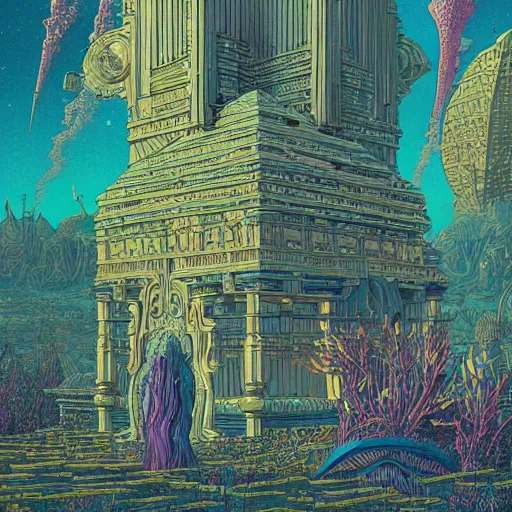 Prompt: highly detailed illustration of a temple on a strange planet, juxtapoz magazine, moebius, kilian eng, behance, deviant art, thomas rome