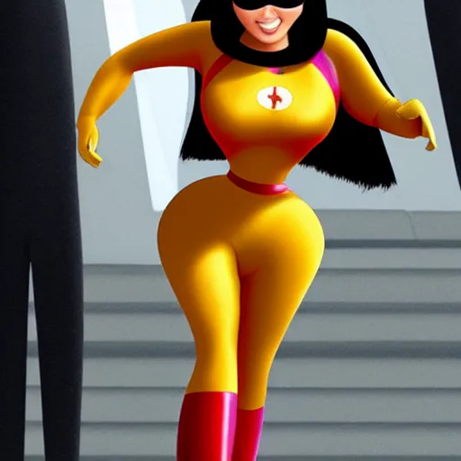 Image similar to kim kardashian as elastic girl from the incredibles, hypertealistic