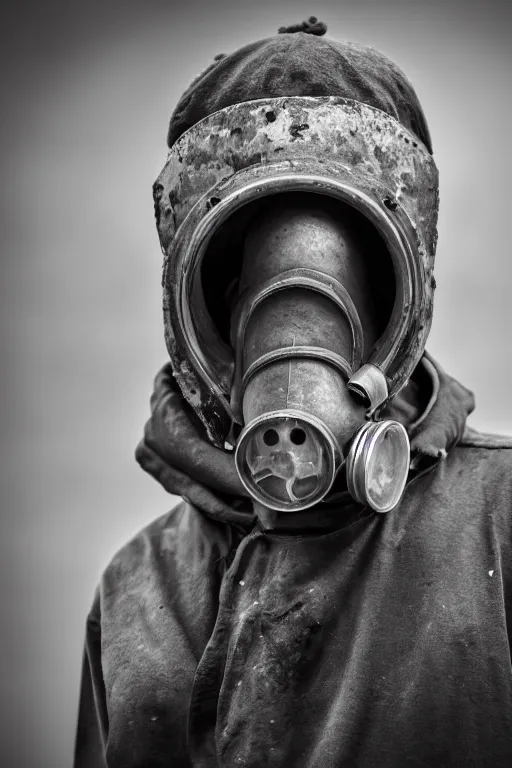 Prompt: an award winning portrait photo of a homeless person wearing a gas mask and hard helmet, 4 k, high quality, sharp focus