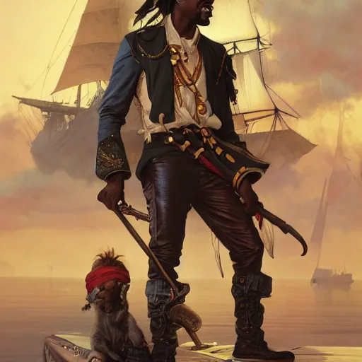 Image similar to chris rock dressed as a pirate, by adolf hiremy - hirschl and greg rutkowski and alphonse mucha, cosmic, intricate detail, cinematic, 8 k, cel shaded, unreal engine, featured on artstation, pixiv