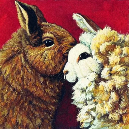 Prompt: a rabbit lovingly kissing an alpaca's cheek in the style of gifford beal