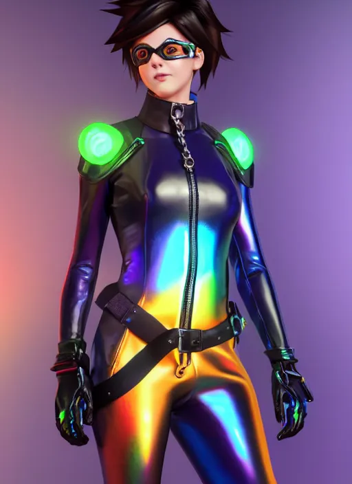 Prompt: portrait bust digital artwork of tracer overwatch, wearing iridescent rainbow latex and leather straps catsuit outfit, 4 k, expressive happy whistling face, makeup, in style of mark arian, angel wings, wearing detailed leather collar, chains, black leather harness, detailed face and eyes,