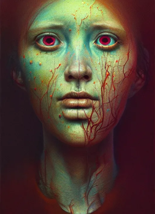 Image similar to there is ugliness in beauty, but there is also beauty in ugliness detailed portrait painting inspired by beksinski and alex gray, anamorphic lens, anamorphic lens flares, kodakchrome, cinematic composition, practical effects, painterly ghibli style, by jenny saville. 8 k