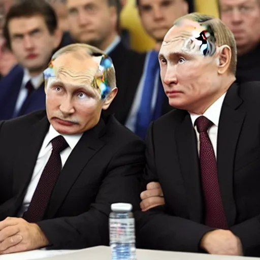 Image similar to angry vladimir zalenskiy sit infront of vladimir putin.