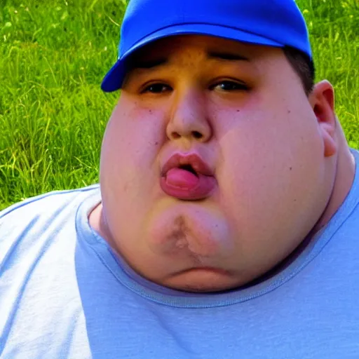 Image similar to crying obese man wearing a blue cap with a P on it