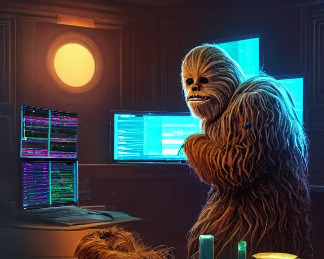 Prompt: wookiee at home trading crypto. the charts are at all time highs, gains, green charts, painting by grant wood and frank frazetta, 3 d rendering by beeple, wlop