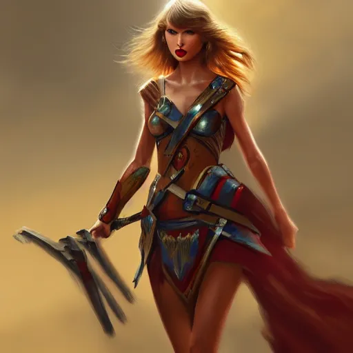 Image similar to taylor swift as a warrior maiden by wlop and glen rutkowski, mate painting, concept art, artstation